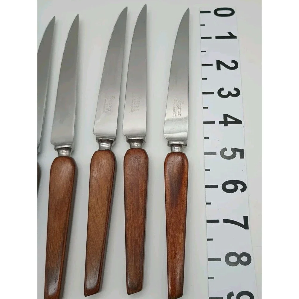 6 Vtg Burns Steak Knives Stainless Steel Blade Wood Handle England